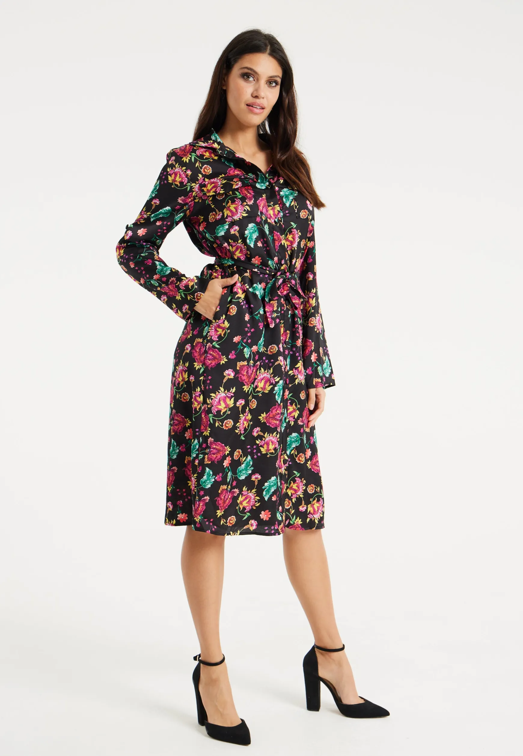 Women’s Midi Dress in Multicolour Floral Print with Black Accents, Long Sleeve, Waist Tie Detail, and Button Front Closure
