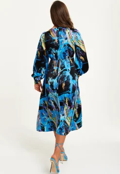 Women's Midi Dress in Multicolour Abstract Print with Long Sleeves and Tie Waist - Liquorish