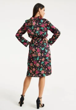 Women’s Midi Dress in Multicolour Floral Print with Black Accents, Long Sleeve, Waist Tie Detail, and Button Front Closure