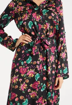 Women’s Midi Dress in Multicolour Floral Print with Black Accents, Long Sleeve, Waist Tie Detail, and Button Front Closure