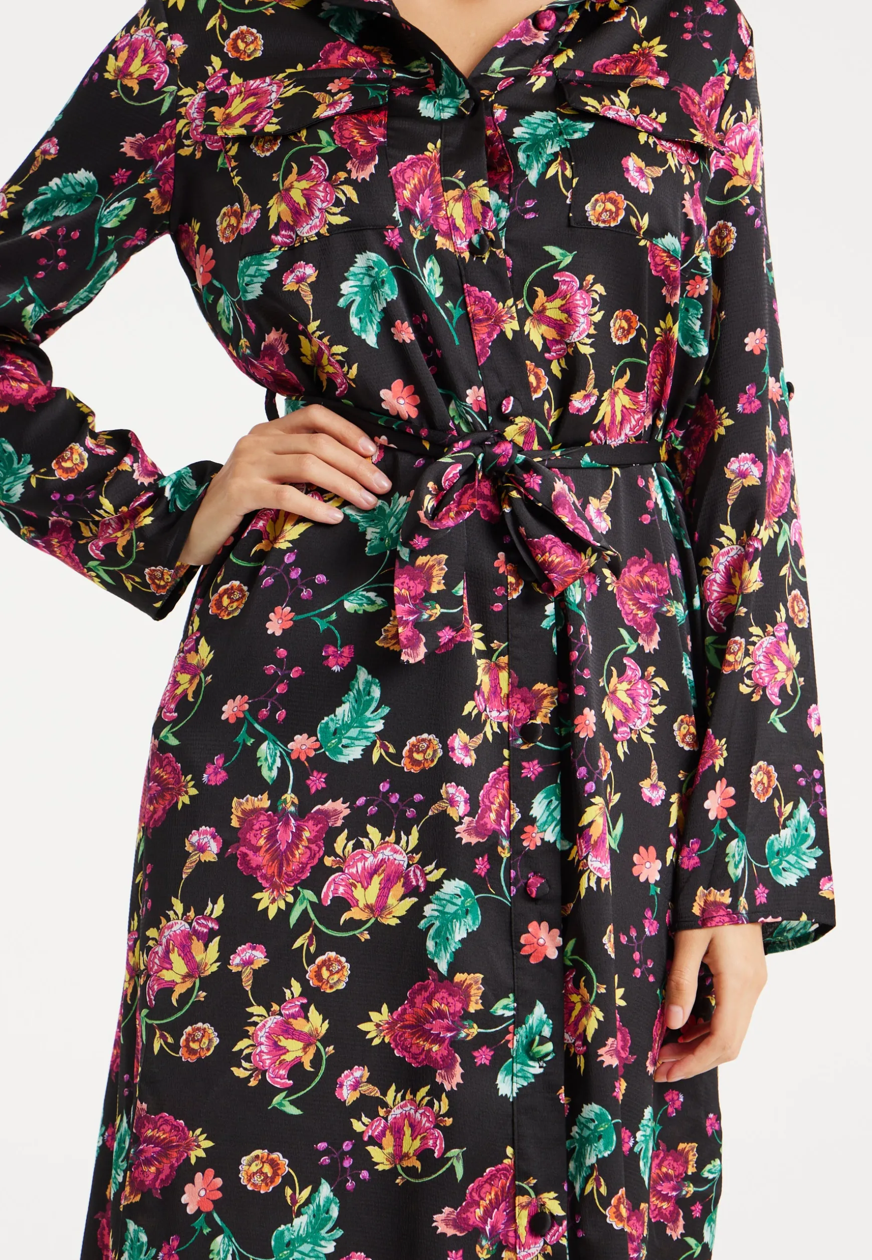 Women’s Midi Dress in Multicolour Floral Print with Black Accents, Long Sleeve, Waist Tie Detail, and Button Front Closure