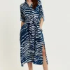 Women's Midi Dress in Navy with Long Sleeves and Zebra Print, Button-Up Front, Tie Waist - Liquorish