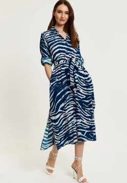 Women's Midi Dress in Navy with Long Sleeves and Zebra Print, Button-Up Front, Tie Waist - Liquorish