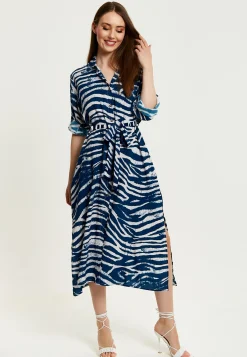 Women's Midi Dress in Navy with Long Sleeves and Zebra Print, Button-Up Front, Tie Waist - Liquorish