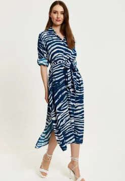 Women's Midi Dress in Navy with Long Sleeves and Zebra Print, Button-Up Front, Tie Waist - Liquorish