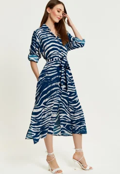 Women's Midi Dress in Navy with Long Sleeves and Zebra Print, Button-Up Front, Tie Waist - Liquorish