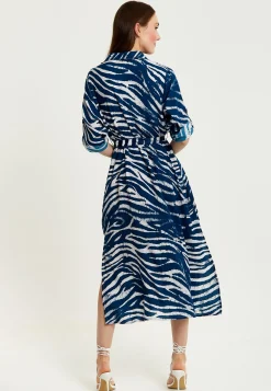 Women's Midi Dress in Navy with Long Sleeves and Zebra Print, Button-Up Front, Tie Waist - Liquorish