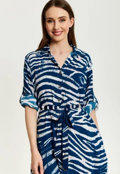 Women's Midi Dress in Navy with Long Sleeves and Zebra Print, Button-Up Front, Tie Waist - Liquorish