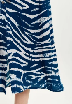 Women's Midi Dress in Navy with Long Sleeves and Zebra Print, Button-Up Front, Tie Waist - Liquorish
