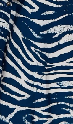 Women's Midi Dress in Navy with Long Sleeves and Zebra Print, Button-Up Front, Tie Waist - Liquorish