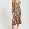 Women's Midi Dress in Olive with Long Balloon Sleeves - Elegant Abstract Leaf Print by Liquorish