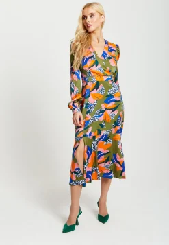 Women's Midi Dress in Olive with Long Balloon Sleeves - Elegant Abstract Leaf Print by Liquorish