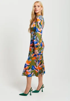 Women's Midi Dress in Olive with Long Balloon Sleeves - Elegant Abstract Leaf Print by Liquorish