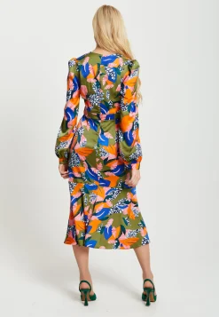 Women's Midi Dress in Olive with Long Balloon Sleeves - Elegant Abstract Leaf Print by Liquorish