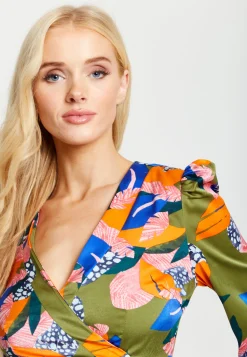 Women's Midi Dress in Olive with Long Balloon Sleeves - Elegant Abstract Leaf Print by Liquorish