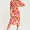 Women's Midi Dress in Orange and Pink with Knot Front, V Neck, Short Sleeves, and Front Slit - Liquorish