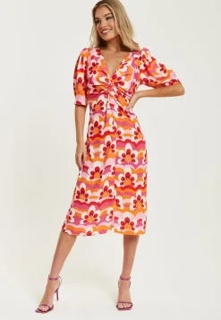 Women's Midi Dress in Orange and Pink with Knot Front, V Neck, Short Sleeves, and Front Slit - Liquorish