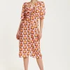Women's Midi Dress in Orange Floral with Knot Front and Short Sleeves - Perfectly Chic by Liquorish
