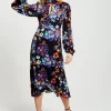 Women's Midi Dress in Orange and Blue with Long Balloon Sleeves - Liquorish