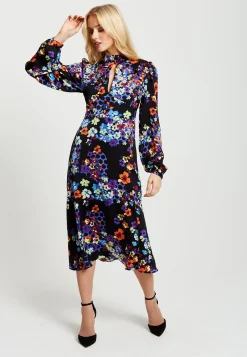 Women's Midi Dress in Orange and Blue with Long Balloon Sleeves - Liquorish