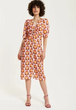 Women's Midi Dress in Orange Floral with Knot Front and Short Sleeves - Perfectly Chic by Liquorish