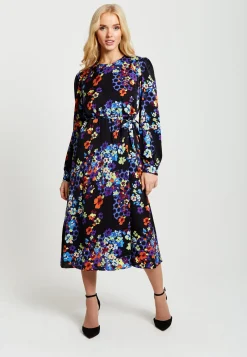 Women's Midi Dress in Orange and Blue with Long Balloon Sleeves - Liquorish