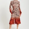 Women’s Midi Dress in Orange and Nude with Long Sleeves and Draped Waist Detail, Liquorish