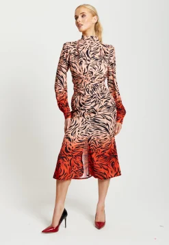 Women’s Midi Dress in Orange and Nude with Long Sleeves and Draped Waist Detail, Liquorish