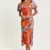 Women's Midi Dress in Orange with Puff Sleeves and Square Neck - Liquorish