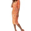 Women's Midi Dress in Orange with 3/4 Sleeves and Cut Out Details - Liquorish