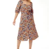 Women's Midi Dress in Orange Floral with Short Sleeves and Waist Tie - Liquorish