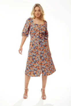 Women's Midi Dress in Orange Floral with Short Sleeves and Waist Tie - Liquorish