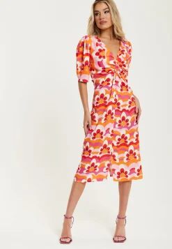 Women's Midi Dress in Orange and Pink with Knot Front, V Neck, Short Sleeves, and Front Slit - Liquorish