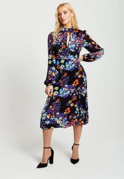 Women's Midi Dress in Orange and Blue with Long Balloon Sleeves - Liquorish