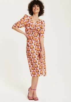 Women's Midi Dress in Orange Floral with Knot Front and Short Sleeves - Perfectly Chic by Liquorish