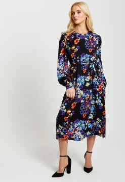 Women's Midi Dress in Orange and Blue with Long Balloon Sleeves - Liquorish