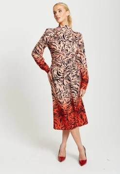 Women’s Midi Dress in Orange and Nude with Long Sleeves and Draped Waist Detail, Liquorish