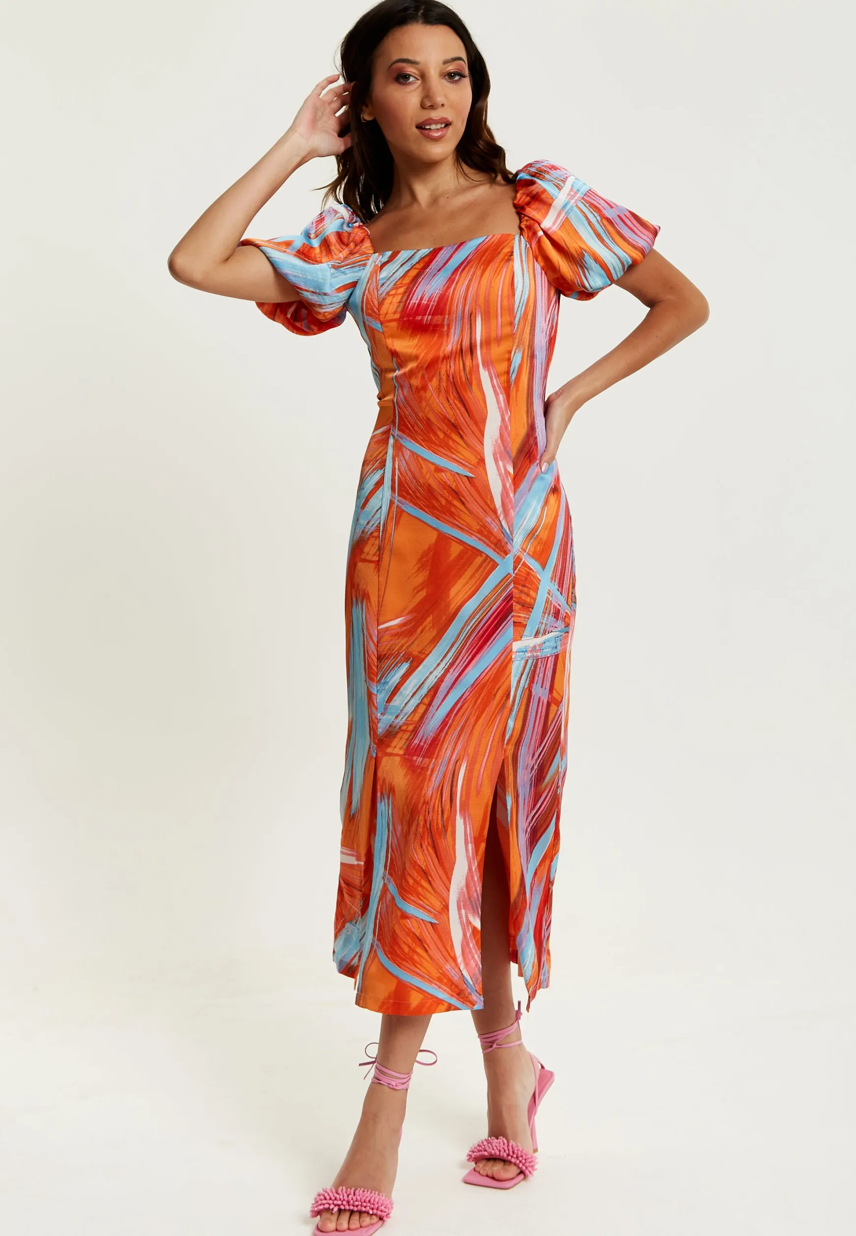 Women's Midi Dress in Orange with Puff Sleeves and Square Neck - Liquorish