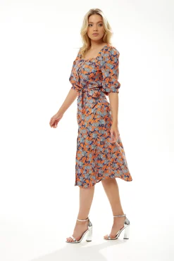 Women's Midi Dress in Orange Floral with Short Sleeves and Waist Tie - Liquorish