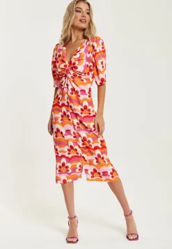 Women's Midi Dress in Orange and Pink with Knot Front, V Neck, Short Sleeves, and Front Slit - Liquorish