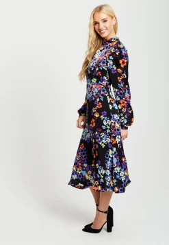 Women's Midi Dress in Orange and Blue with Long Balloon Sleeves - Liquorish