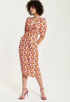 Women's Midi Dress in Orange Floral with Knot Front and Short Sleeves - Perfectly Chic by Liquorish