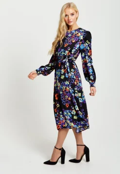 Women's Midi Dress in Orange and Blue with Long Balloon Sleeves - Liquorish
