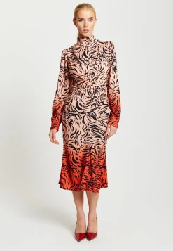 Women’s Midi Dress in Orange and Nude with Long Sleeves and Draped Waist Detail, Liquorish