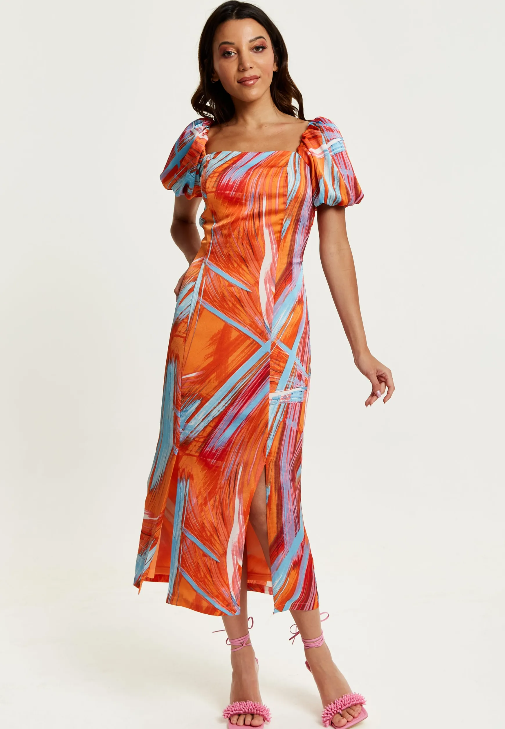 Women's Midi Dress in Orange with Puff Sleeves and Square Neck - Liquorish