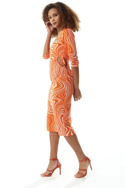 Women's Midi Dress in Orange with 3/4 Sleeves and Cut Out Details - Liquorish