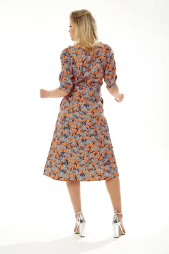 Women's Midi Dress in Orange Floral with Short Sleeves and Waist Tie - Liquorish
