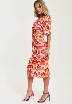 Women's Midi Dress in Orange and Pink with Knot Front, V Neck, Short Sleeves, and Front Slit - Liquorish
