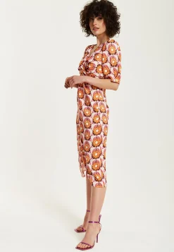 Women's Midi Dress in Orange Floral with Knot Front and Short Sleeves - Perfectly Chic by Liquorish