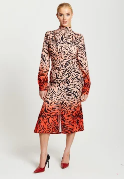 Women’s Midi Dress in Orange and Nude with Long Sleeves and Draped Waist Detail, Liquorish